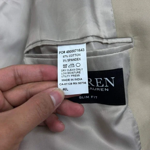 Lauren Ralph Lauren Blazer Men 46L Beige Slim Fit 2 Button Long Sleeve Cotton